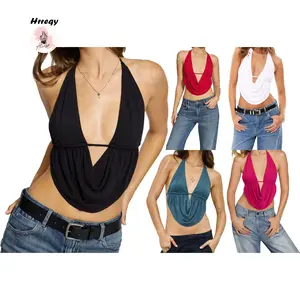 Women's Summer Halter Neck Vest Sleeveless Deep V Neck Solid Color Crop Tank Tops
