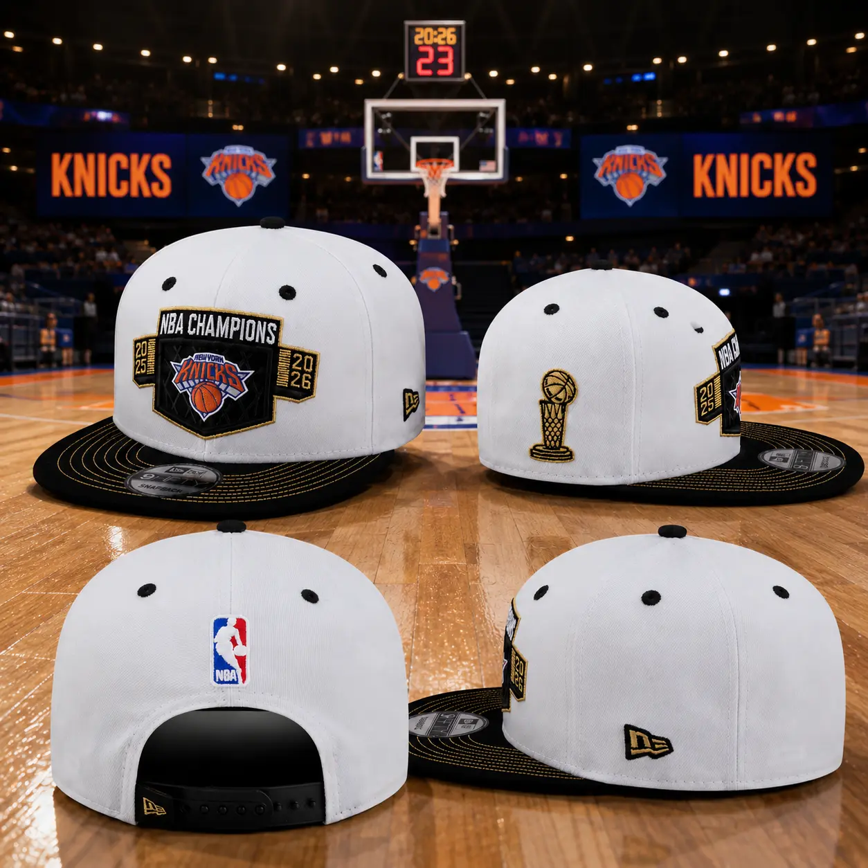 New York Knicks 2025–2026 NBA Champions New Era 9FIFTY Snapback Hat – White & Black Championship Edition Adjustable Flat Brim Basketball Cap