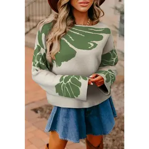 Green Bold Flower Pattern Wide Sleeve Baggy Sweater