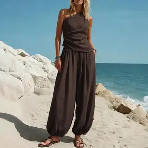 MG1 NEW! Sleeveless Sloping Shoulder Top and Wide Leg Pants, Solid Casual Loose Fitting Suit, Women's Summer 2-Piece Outfits, Sleeveless Cropped Top & High Waist Pants Lounge Set, Elegant Sloping Shoulder Collar Temperament Set,  #Outdoorfun Chic Smooth
