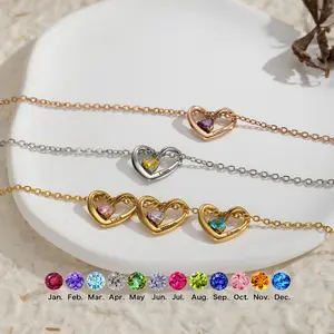 N1670 Personalized Engraving Hollow Heart Pendant, Birthday Stone DIY Multi-name Stainless Steel Love Women's Necklace