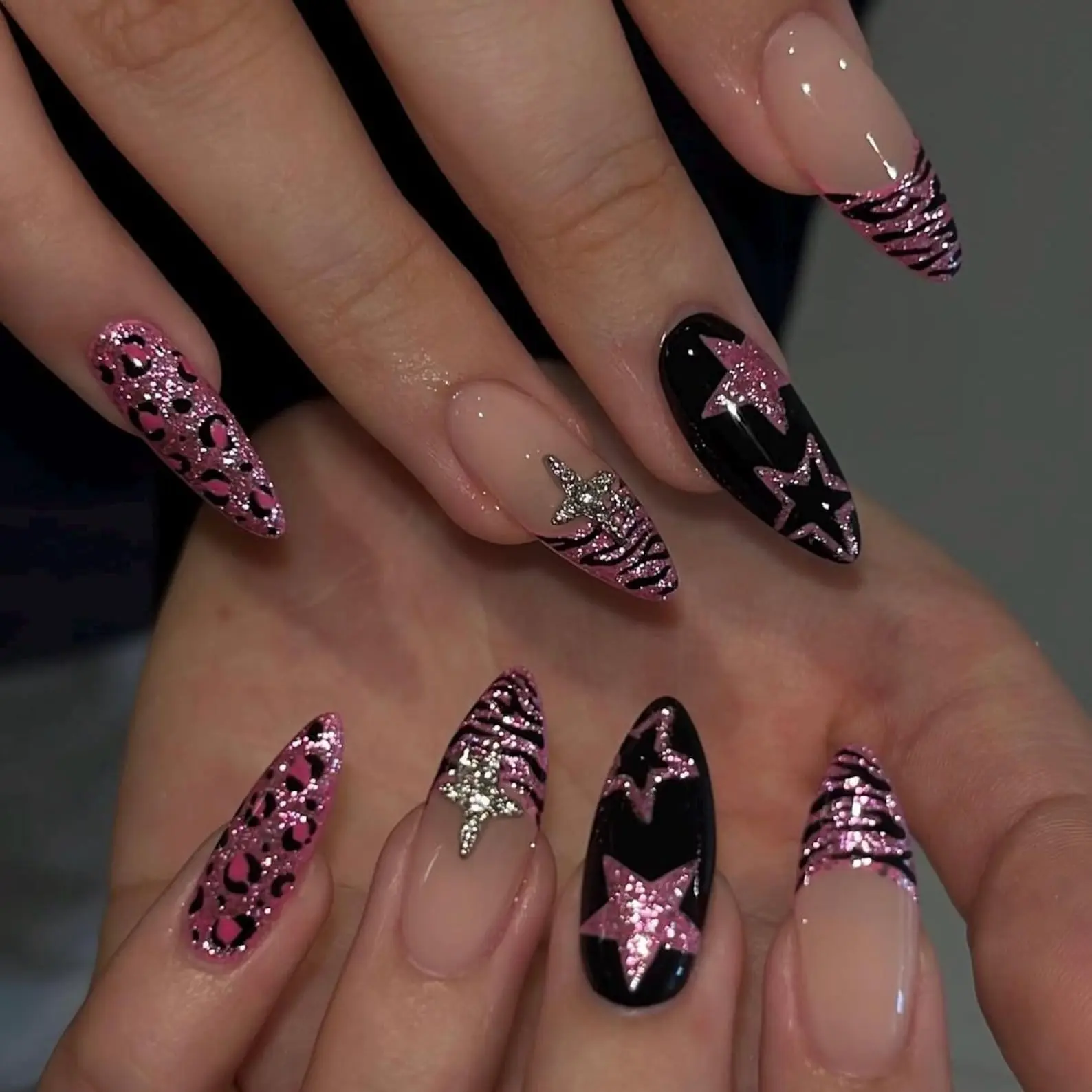 Pink Glitter Star Press On Nails, Y2K Leopard Zebra French Tip Fake Nails, Rockstar Glam Handmade Nail Set