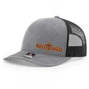 [Hat Patch] Redeemed Christian Leather Patch Trucker Hat - Richardson 112 Mesh Back Snapback - Religious Cross Design Baseball Cap for Men and Women - Faith Based Apparel - Inspirational Scripture Gift for Church Community - Durable Outdoor Headwear