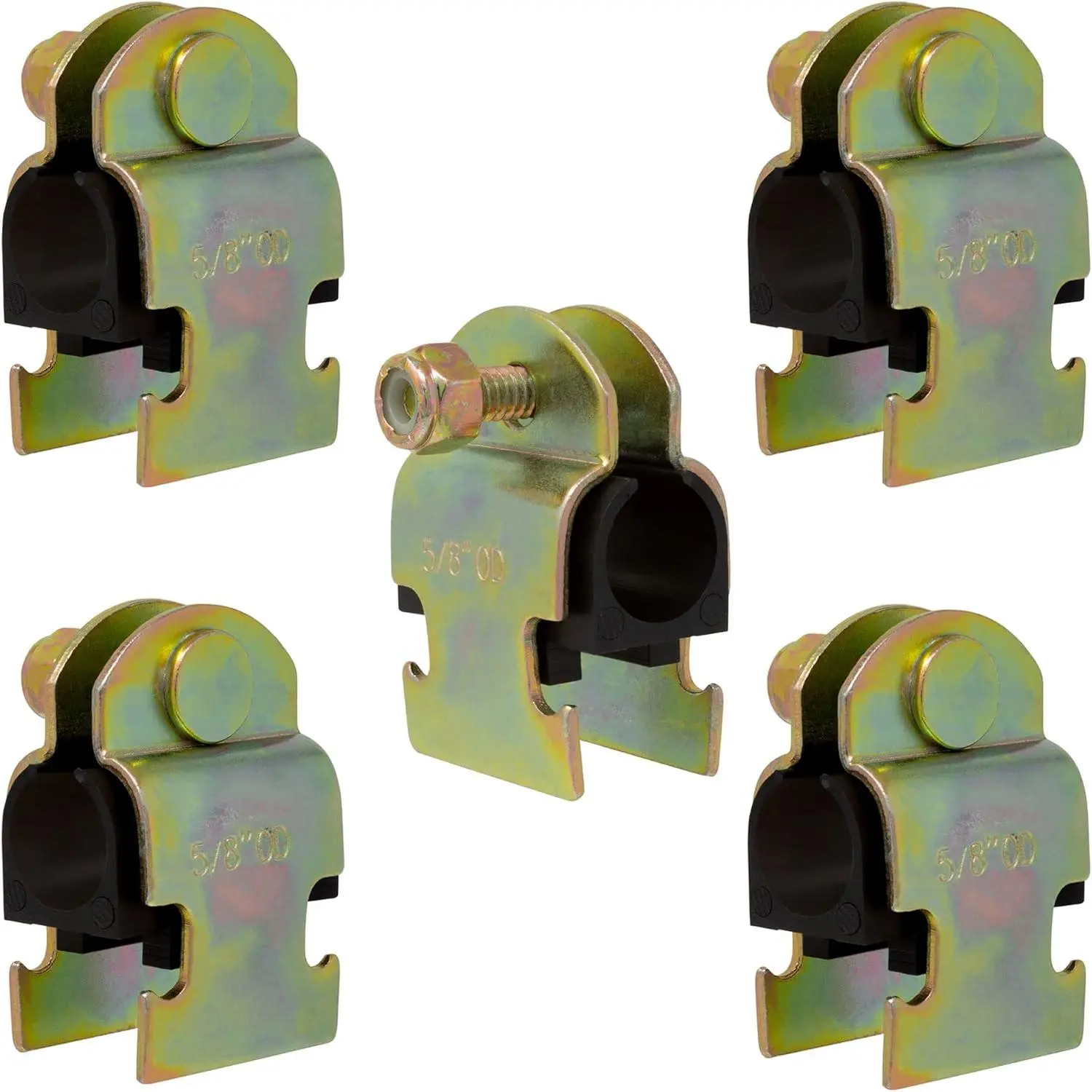Rubber Cushion Strut Clamp 1/2" NOM (5/8" OD) for Mounting Copper Piping, PEX Pipe, CVPC Tubing to Strut Channels [5 Pack] Yellow Chromate Zinc