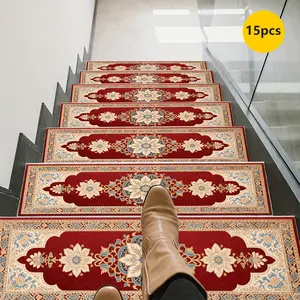 15pcs of Stair Mats, Non-Slip Stair Carpets, Featuring a Classic And Delicate Patterned Print on a Reddish-Brown Background, Comfortable And Aesthetically Pleasing, Adding Tranquility, Easy to Clean And Machine Washable