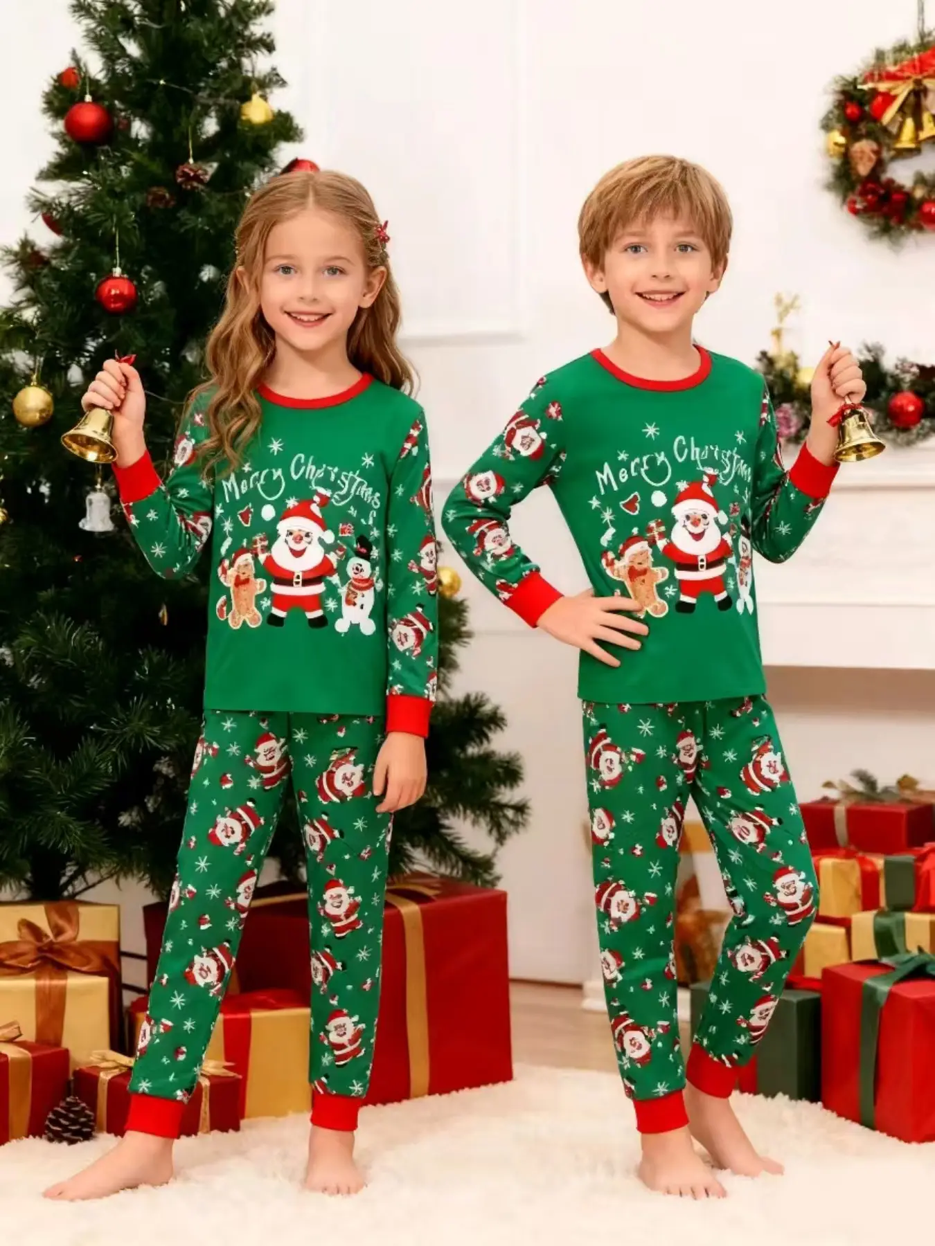 Christmas Party Pajama Set, Santa Snowman Print, Long Sleeve Round Neck Top & Pants, Spring & Fall Home Wear
