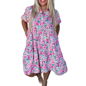Plus Size Pink Floral Half Button Short Puff Sleeve A-Line Dress with Pockets