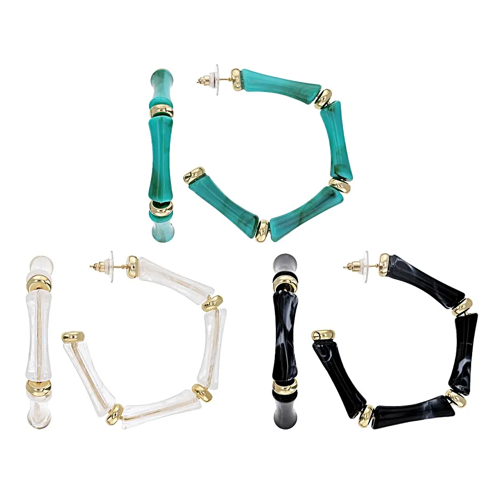 JTV Multi-Color Resin Gold Tone Bamboo Style Earrings Set of 3, 40mm
