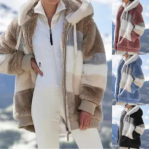 2024 autumn and winter warm plush patchwork zipper pocket hooded loose jacket for women