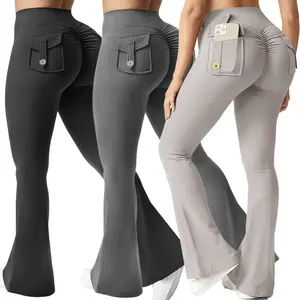 Women's High Waisted Cargo Flare Leggings with Pockets - Elastic, Scrunch, Butt Lifting Casual Bell Bottoms for Gym Yoga Workouts