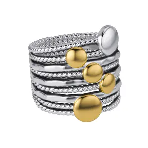 Aprilery Chic Mixed Metal Color Layered Statement Ring, Contemporary Twisted Rope Pattern Band with Unique Polished Gold Tone Accents, Bold Geometric Architectural Jewelry for Women, Sophisticated Accessory for Work or Parties