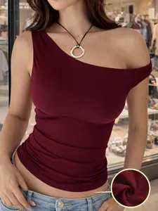 Women One Shoulder Top Sexy Off Shoulder Asymmetrical Neck Slim Fit Stretchy Stretch Ruched Side Bodycon Tee Shirt Solid Wine Red Burgundy Y2K Going Out Party Club Night Out Date Everyday Casual Streetwear Summer Fall Fashion