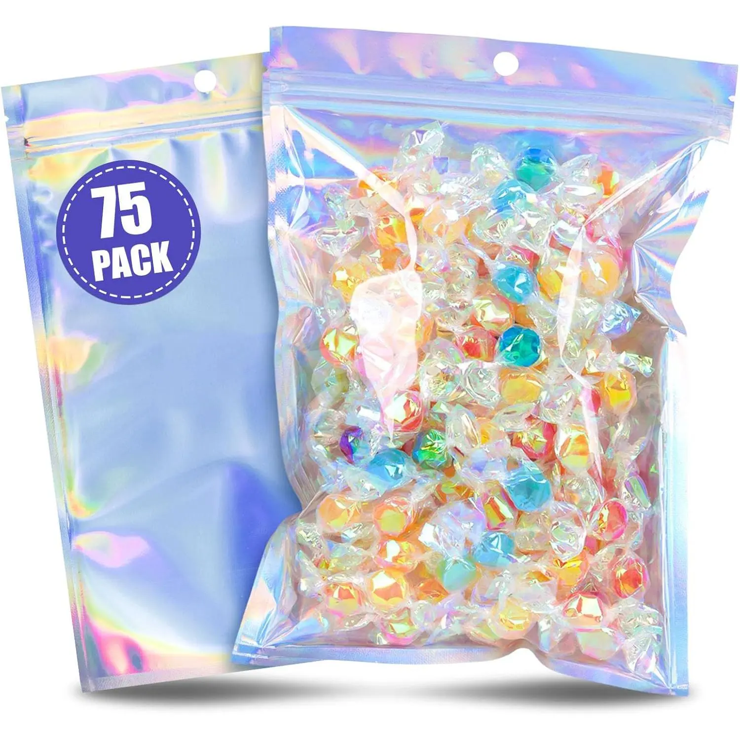 75-Count High-Quality Iridescent Rainbow Holographic Foil Smell-Proof Resealable Mylar Bags (6x9 in) with Window, Party Packs for Office Stationery Storage & Gift Wrapping Supplies