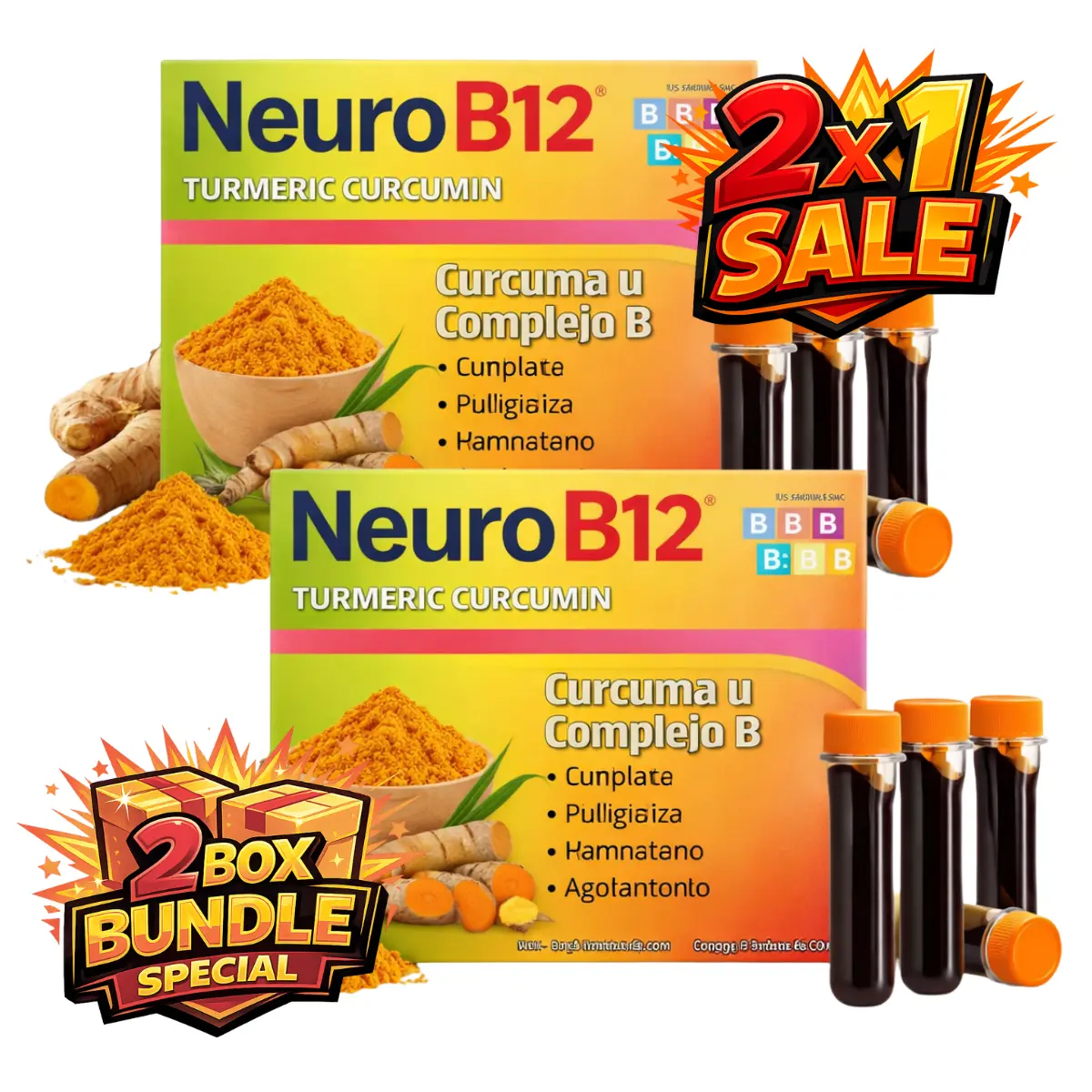 2 BOXES SALE - NeuroB12 Curcuma Turmeric Liquid Dietary Supplement Multi-Vitamin Shots - 24 Pack (15ml Each) with Iron, Daily Energy & Wellness Support