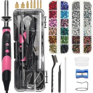 New-Hotfix Rhinestone Applicator Tool,-Heating Hotfix Rhinestone Setter Bedazzler Kit with Rhinestones for Crafts, 15 Color Rhinestone/ 7 Tips/Tweezers/Pencil/Brush (Pink)