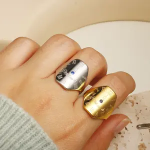 HENSY Vintage Clock Signet Ring – Octagon Shield Face with Roman Numerals – Blue Stone Center – Gold or Silver – Open Adjustable – Y2K Retro Statement Ring