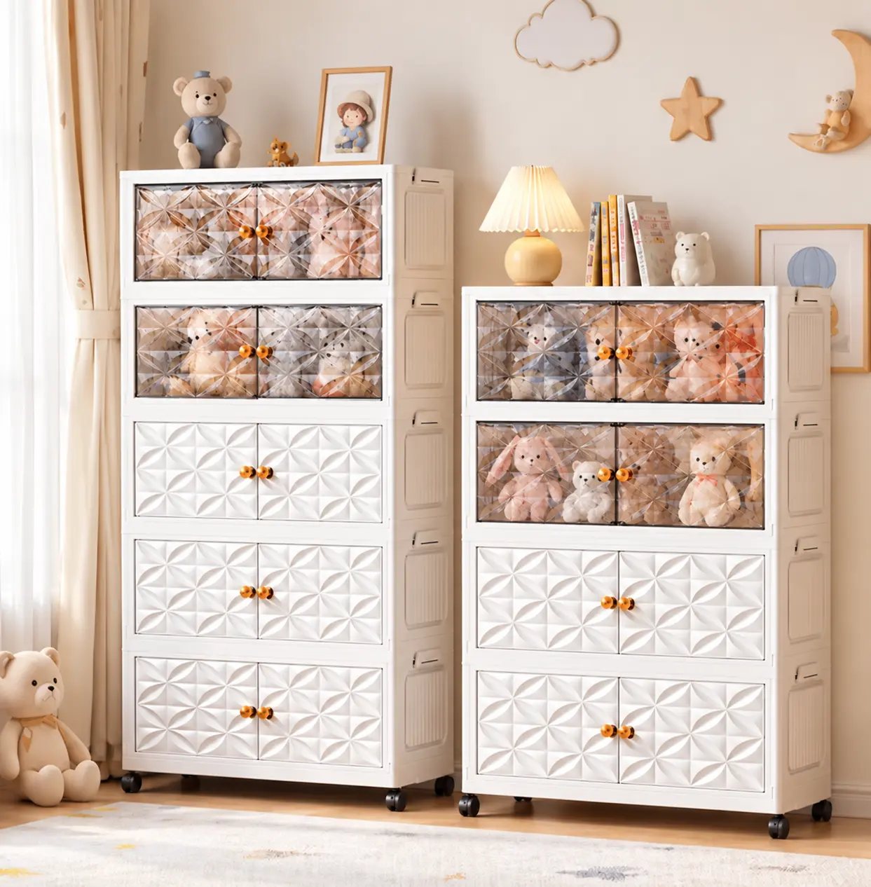 4-5 Tier Rolling Plastic Storage Cabinet with Magnetic Double Doors, 360° Swivel Wheels, Stackable Room Storage Unit for Kitchen, Bathroom, Home Organization