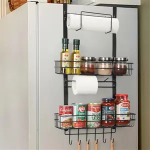 Fridge Spice Rack Organizer, Refrigerator Side Shelf Storage with Paper Towel Holder 2 Baskets & 6 Hooks Kitchen Rack for Refrigerator Washing Machine, Black