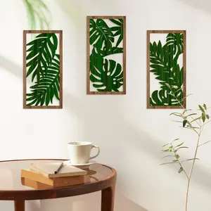 Vintage Wooden Wall Decor Set (thickness 0.5cm), Tropical Palm Leaf Art, Artistic Grid Pattern, Leaf Wall Sculpture, Indoor Plaque, Multi-Functional Hanging, Vintage Design