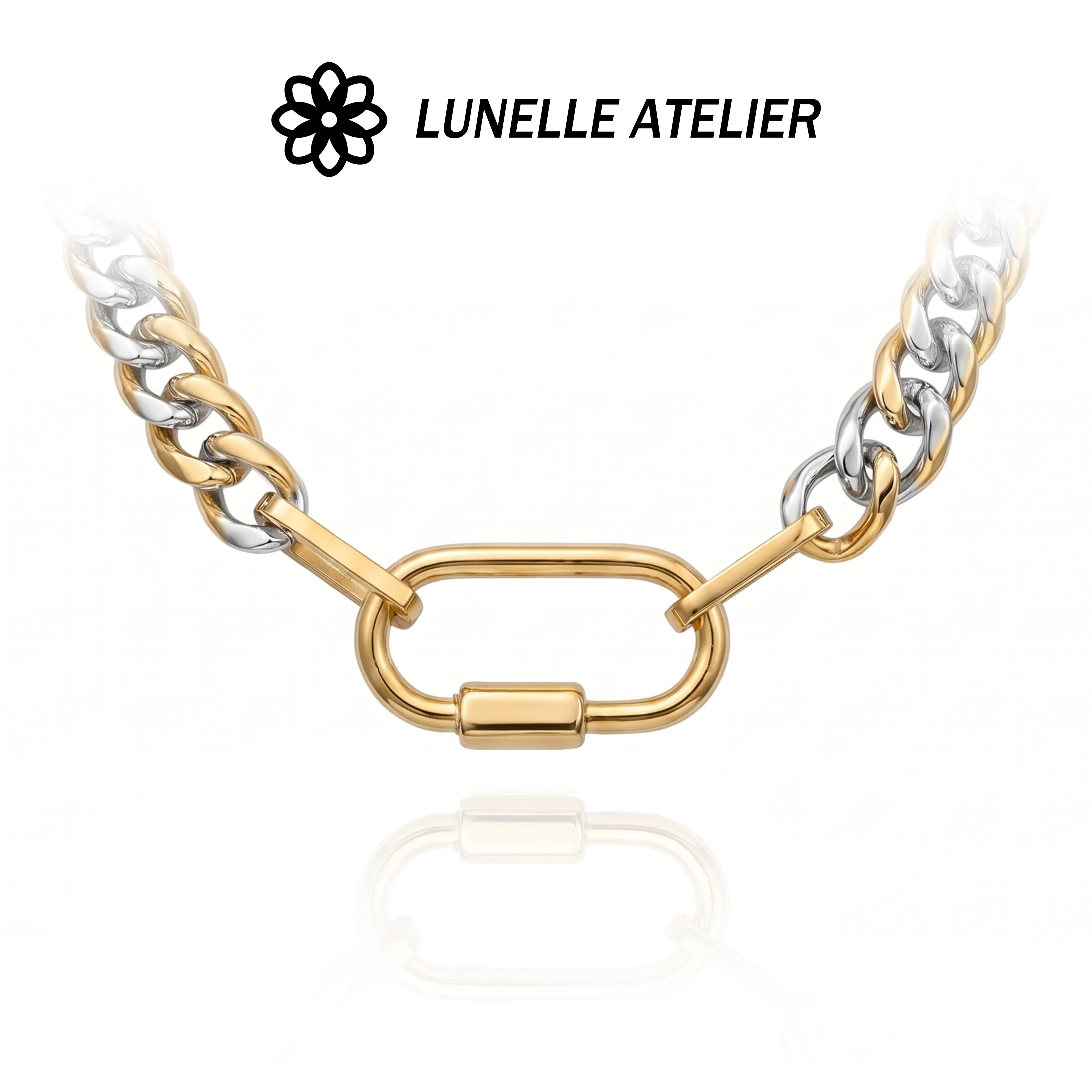 Women's 18K Gold Plated Stainless Steel 2-Tone Chunky Necklace - Metal Coating Carabiner Clasp, Waterproof, Durable, Fade Resistant, Luxury-Inspired Statement Look for Casual Daily Wear, Anniversary Gift Jewelry