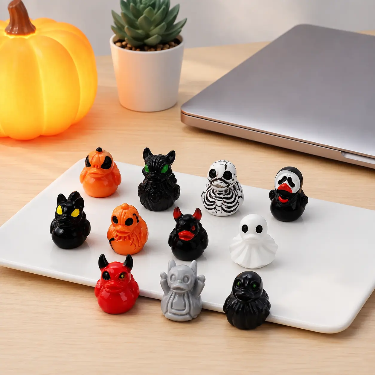 12PCS Halloween Mini Resin Ducks, 12 Styles Devil Ghost Skeleton Pumpkin Witch Tiny Duck Figurines, Cute Spooky Miniature Decor, Party Favors, Desk & Mini Garden Decorations, Halloween Gifts