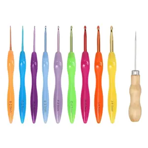 10-Piece Colorful Plastic Handle Crochet Hook Set + Cones, Comfortable Non-Slip, Durable Aluminum Alloy Hooks, Multi-Size Yarn Knitting Tools