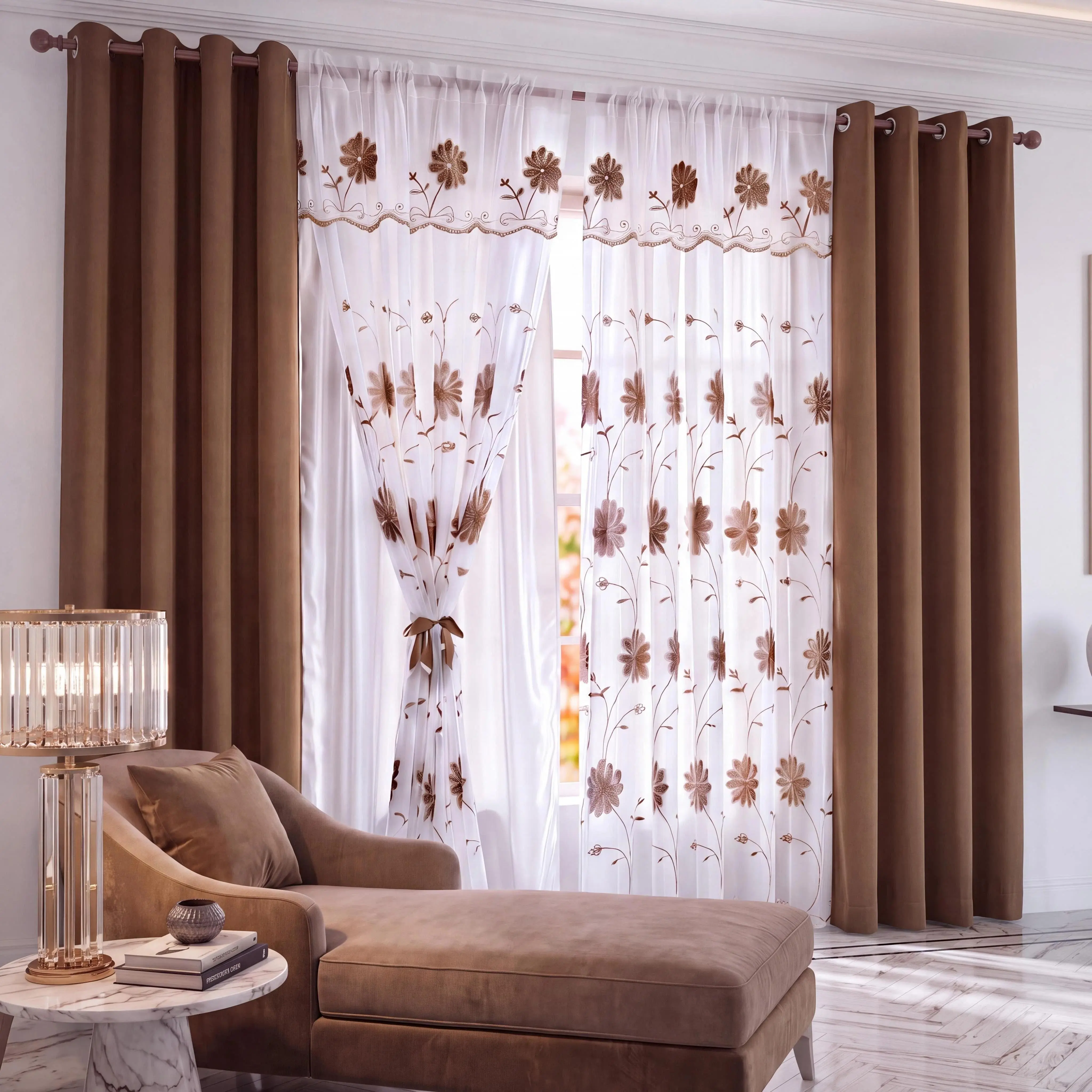AURA 4-Panel Set 52"x84" Polyester Grommet Blackout & Sheer Curtain Combo, 2 Solid Blackout + 2 Rod Pocket Floral Embroidered Sheer with Attached Valance, Satin Lined Room Darkening Privacy Drapes for Bedrooms, QF222 QF36, Black Friday Holiday Home Deals