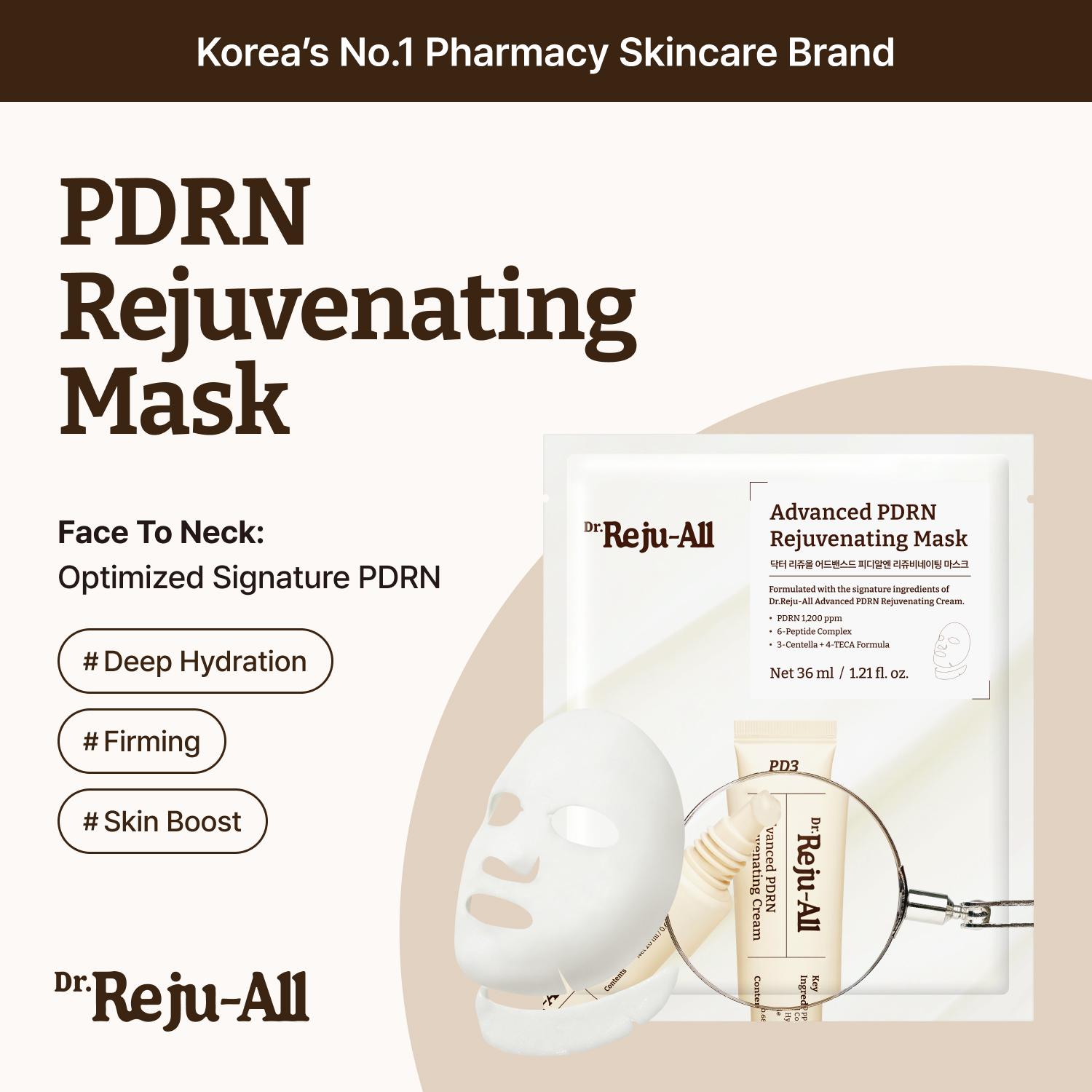[Dr.Reju-All Official]Dr. Reju-All Advanced PDRN Rejuvenating Mask - Face & Neck Korean Sheet Mask with 1,200 ppm PDRN, Collagen & Copper Peptides - Hydrating & Soothing, Skin Repair (1.2 Fl Oz x 4EA)