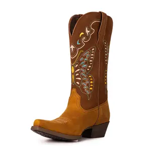 Montana West Cowgirl Boots for Women Western Mid Calf Embroidered Full Cowhide Leather Boot with Unique Flame Pattern & Durable Rubber Sole