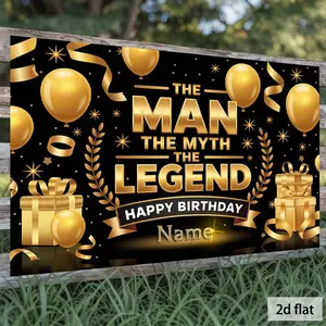 1PC,2D Flat Black Gold Theme Men's Birthday Backdrop, Customizable Name "The Man The Myth The Legend" Party Decoration Curtain, Photography Event Scene Layout Banner