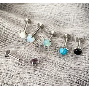 1pc Semi-Precious Stone Set 16g Internally Threaded Labret Stud Cartilage Ring