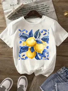 S Fresh Lemon Fruit And Leaf Print T-Shirt - Casual Short Sleeve Crew Neck, Lightweight Blend, Bright Yellow And Blue Design, Ideal for Spring/Summer/Fall, Daily T-Shirt |   Bright Print Tee |   Comfortable Fit
