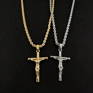 Silver-Plated & Golden-Plated Jesus Cross Pendant Necklace 22IN Length for Men & Women Unisex Christian Necklace Gold & Silver Idea for Party Daily Wear Birthday Gift