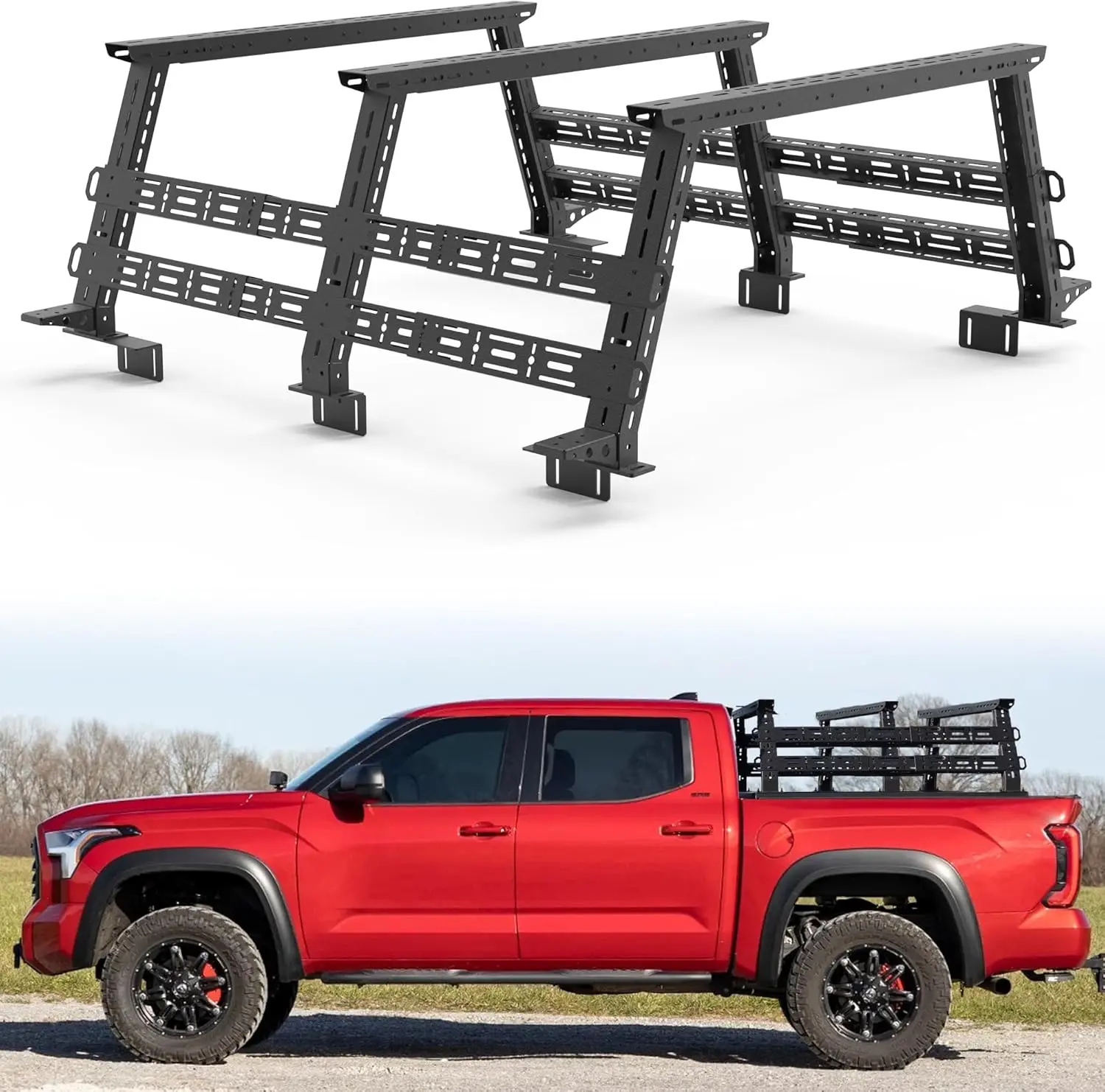 MONOKING Carbon Steel Adjustable Mid-Size Truck Bed Rack (16in-25in High) with 4 MOLLE Panels, Universal for Gladiator JT, Tacoma, Frontier, Canyon, Colorado, Ranger - for Camping Tent, Kayak