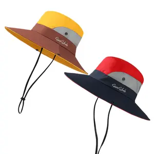 Women's Wide Brim Sun Hat, Yellow Red Color Block UV Protection Bucket Hat, Adjustable Boonie Hat for Beach, Hiking, Fishing & Outdoor Activities