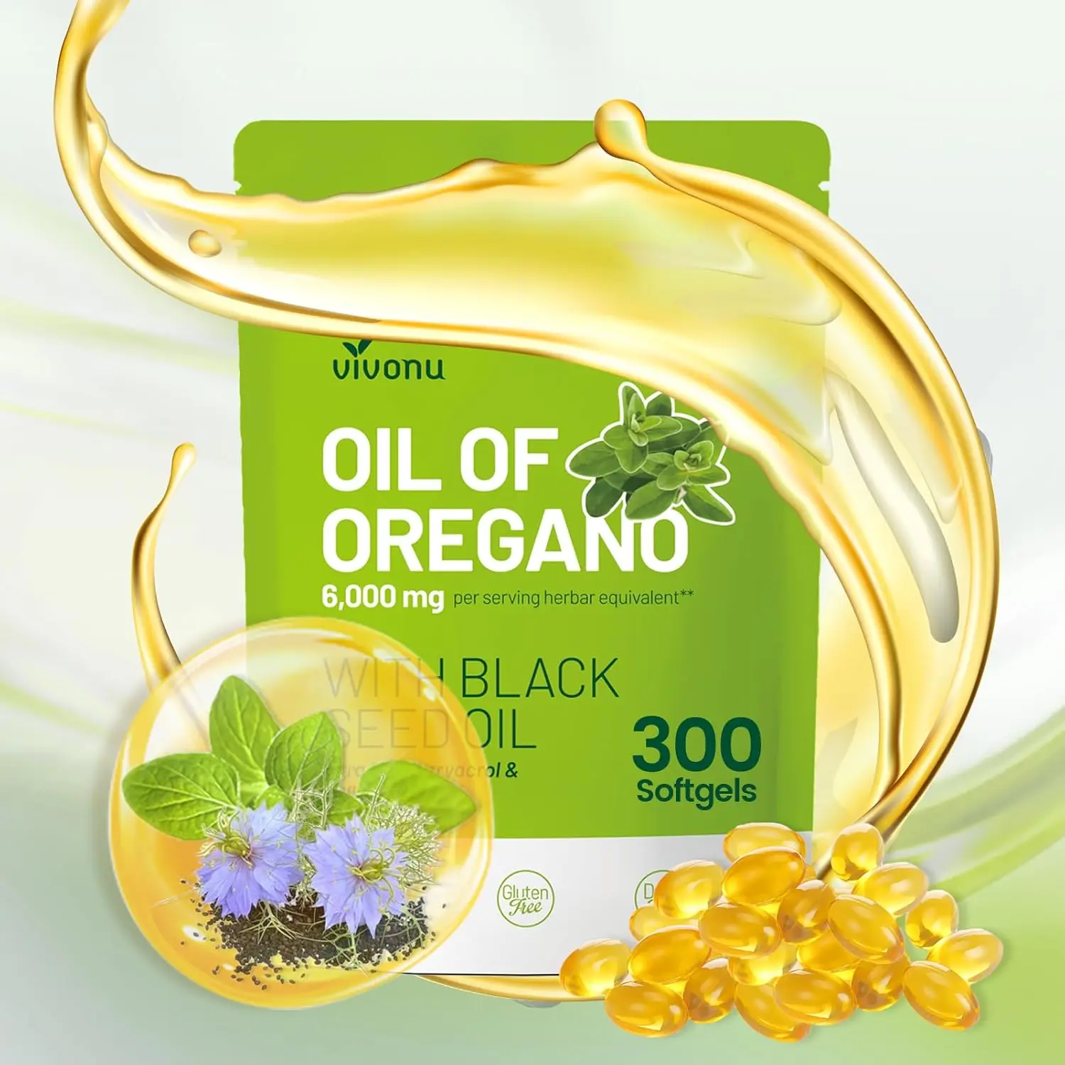 VivoNu Oil of Oregano with Black Seed Oil, Balanced Oil of Oregano Capsules, Organic Oregano Oil Softgels, Non-GMO(300 Count/1 Pack)