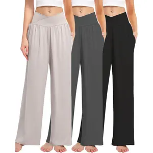 3 Pack Women's Wide Leg Pants Crossover with Pockets High Waist Loose Sweatpants Casual Lounge Yoga Workout