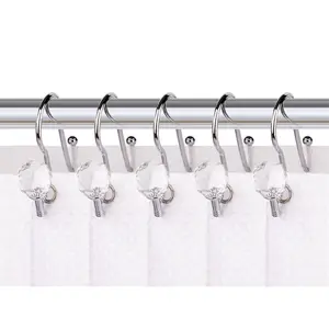212 MAIN HK18SS Double Shower Curtain Rings, 12-Piece Polished Chrome Rustproof Zinc Alloy Hooks with Crystal Design, Easy-Mount Bathroom Accessory for Curtain or Liner, Silver Towel Hooks