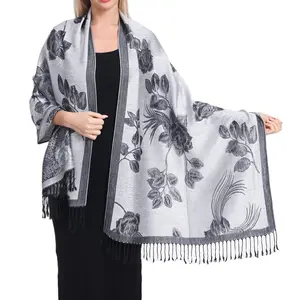 Women Soft Silky Reversible Floral Rose Pashmina Shawl Wrap Scarf w/Fringes