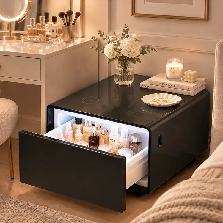 Skincare Fridge Nightstand with Cooling Drawer, Mini Fridge Bedside Table with Wireless Charging & USB Ports, Beauty Storage Cabinet for Bedroom
