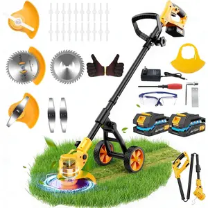 Electric Weed Wacker Cordless with Wheels,Electric Weed Eater   4000mAh,4 in 1 Grass Trimmer/Brush /Grass Edger/Small Lawn Mower,No String Trimmer with , 2  (Yellow)