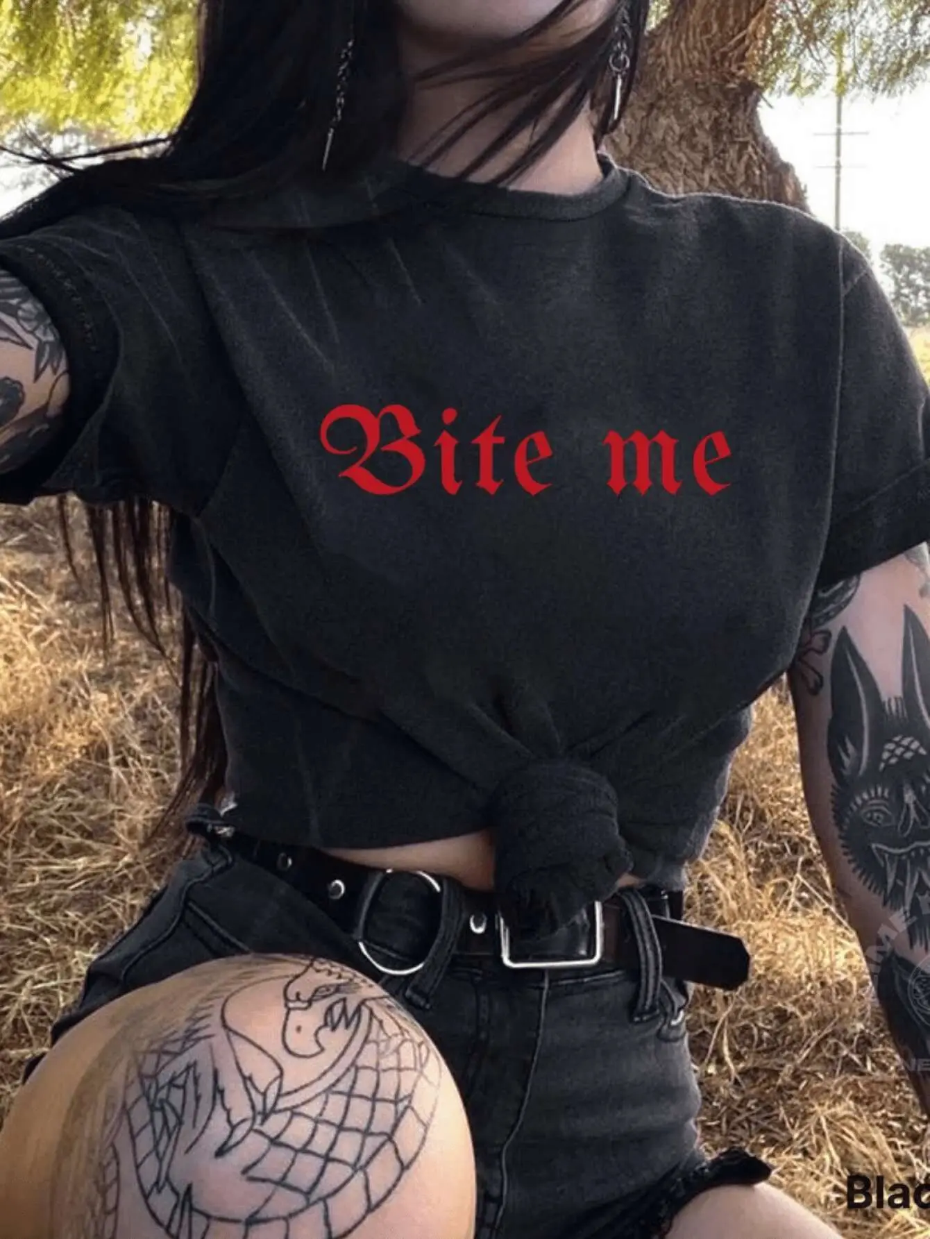 Women's 'Bite Me' Bold Print Graphic Tee - Soft Loose Fit Short Sleeve Round Neck Top, Trendy Graphic Shirts, Classic Unisex Cut, All Seasons Urban Streetwear, Customizable Soft Fabric Everyday Casual Garment