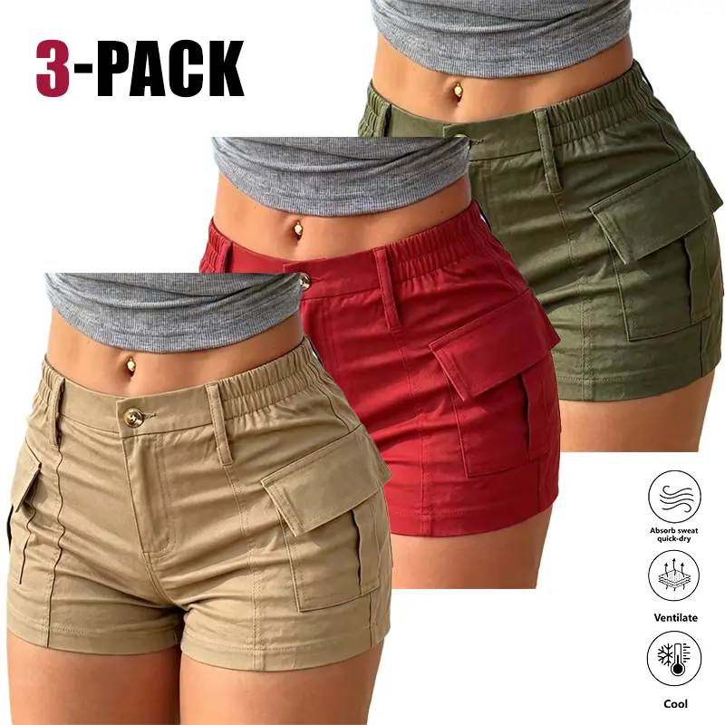 3-Pack Hot Girl High-Waist Cargo Shorts for Women — New Summer Style with Multiple Pockets, Slimming Fit, Straight Cut Hot Pants