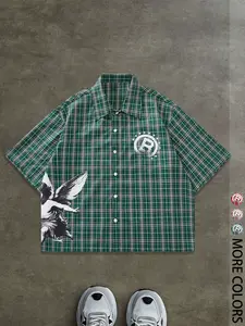 Men's Regular Fit Letter & Striped Print Short Sleeve Shirt, Casual Party Shirt, Casual Retro Button Top for All Seasons, Men's Clothes for Daily Wear