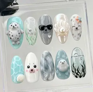 Handmade Seal Kawaii Press On Nails, 3D Ocean Animal Nail Set, Pearl & Shell Accents, Nails For Bold Artistic Vibes
