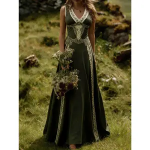Women's Retro Fashion Viking Celtic Art V-neck Sleeveless Long Dress