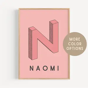 Custom Digital Print, Kids Name Art, Personalized Pink Poster, Retro Monogram Gift, Large Initial Letter, Bold Typography