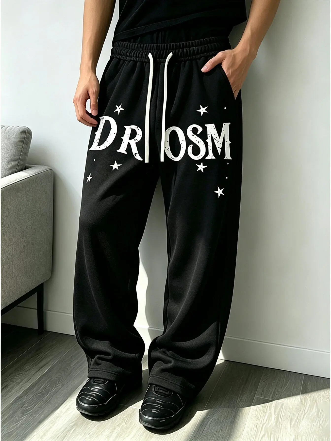 Male Casual Slim-Fitting Polyester Joggers, Distressed Letter Print & Star Details, Contrasting White, Drawstring Elastic Waistband, Straight Drapey Cut, Soft Breathable Knit, Machine Washable Hip-Hop Pants for Skateboarding & Everyday Wear