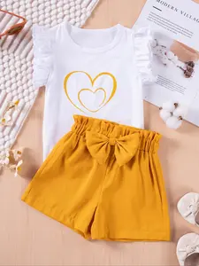 Two-Piece Set Toddler Girl's Heart Print Short Sleeve Tee & Bow Decor Shorts, Cute Casual Round Neck T-shirt & Elastic Waist Shorts, Summer Clothes for Kids Baby Clothing