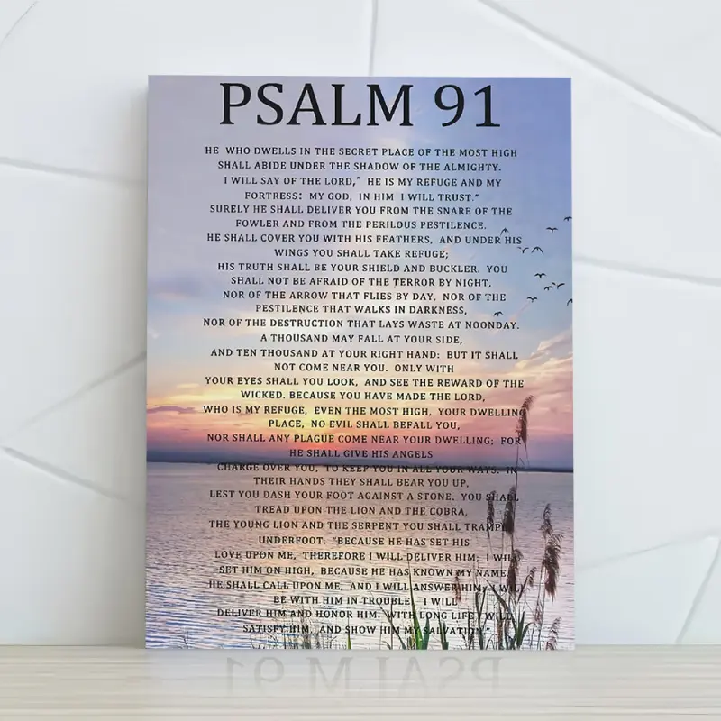 A Poem 91 Scripture Canvas Wall Art - Inspirational Bible Painting with Sunset and Bird Design, Wooden Frame Polyester Poster, Art Work For Wall Decor, Suitable for Home, Office Decoration, Inspirational Wall Decoration